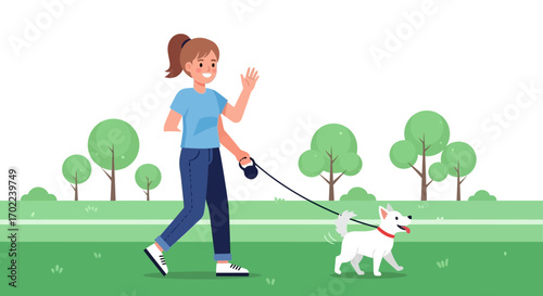 Cartoon illustration of a woman walking her dog in the park during the day