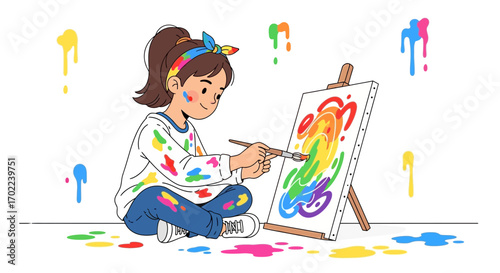 Child Artist Painting a Colorful Masterpiece on Canvas with Rainbow Colors and Paint Splatters