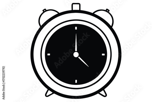 Minimalist Alarm Clock Illustration, Black and White Timepiece on White Background