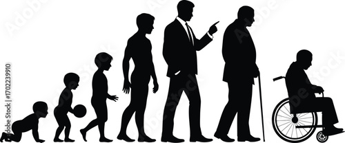 Human life stages silhouette showing progression from infancy to old age in wheelchair