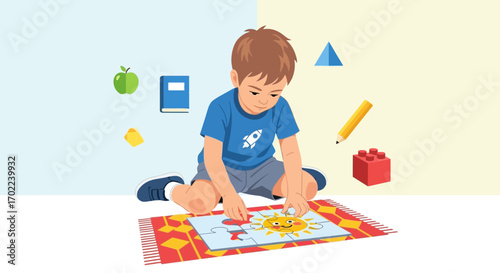 Child Completing a Puzzle, Surrounded by Educational and Playful Icons, Concept Artwork