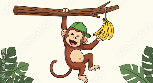 Cartoon monkey hanging from a tree branch with bananas, happy and playful