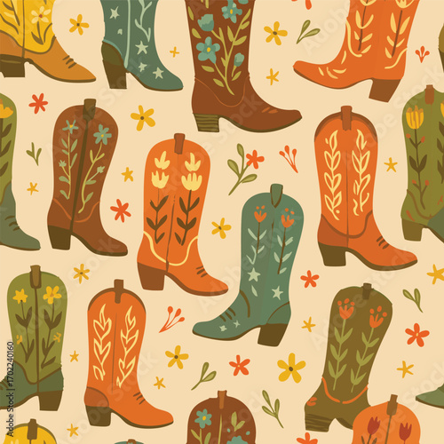 Cowboy Boots Cowgirl American Western Collection Rodeo Boot Country Cowboy Hat America Americana Vector Print Design Cute Illustration 