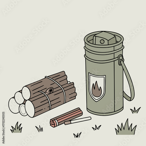 Camping Essentials: Firewood, Thermos, and Matches Illustration