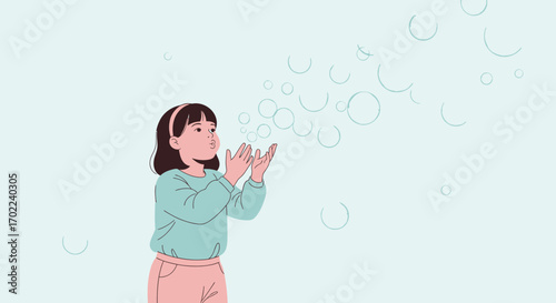 Child Enjoying Playfully With Bubbles, Blissful Moment, Cute Girl Joyfully Blowing Bubbles