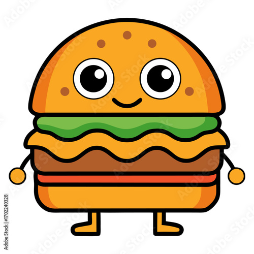 Cartoon Burger Icon Cute Fast Food Character with Happy Face Vector Illustration