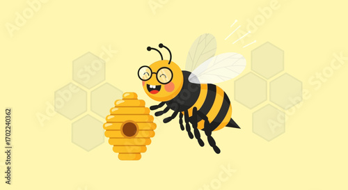 Cartoon smart bee with glasses flying near its beehive on a yellow background.