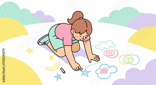 Child having fun drawing with chalk on the ground in a colorful and playful illustration