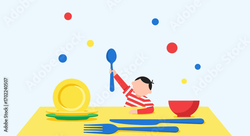 Child Playing with Cutlery and Dishes in a Minimalistic and Colorful Illustration