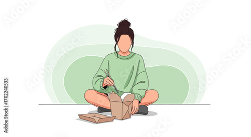 Casual Young Woman Enjoying Takeout Meal in a Relaxed, Minimalistic Illustration