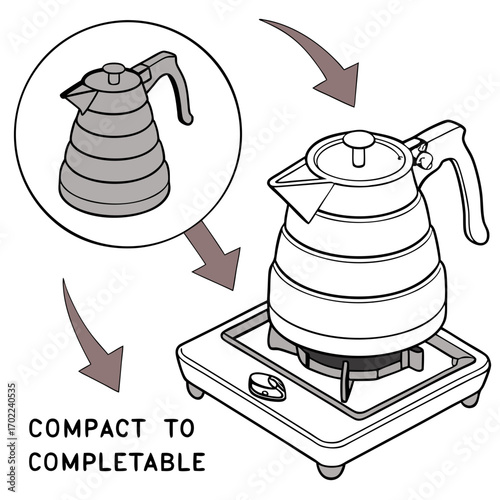 Compact Collapsible Kettle on Electric Stovetop: Line Art Illustration