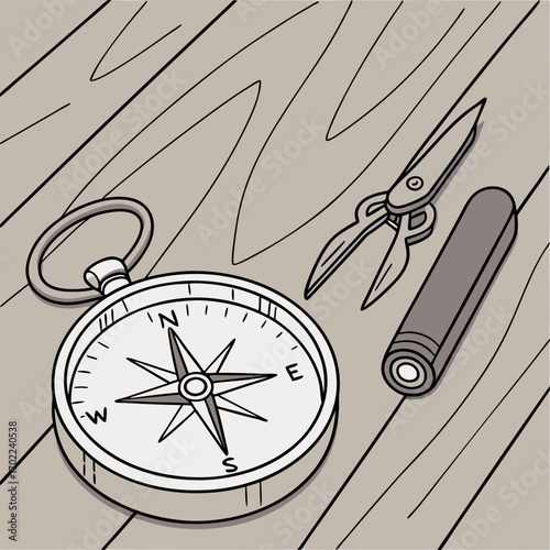 Compass, Scissors and Battery on Wooden Surface