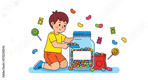 Child Preparing To Scoop Colorful Candies From A Large Jar For Party