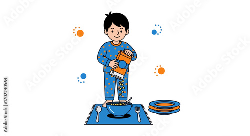 Child Prepares Cereal, Serving Breakfast In A Pajama, Healthy Diet, Vector Illustration