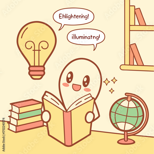 Cute Ghost Reading a Book with Lightbulb and Globe