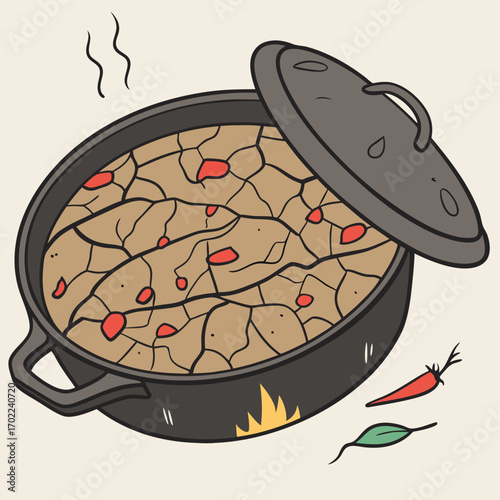 Dried Stew in a Cast Iron Pot with Chili Peppers