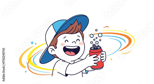 Child Smiling Joyfully Holding Soda Can Ready for Summer Fun Refreshment Drinking