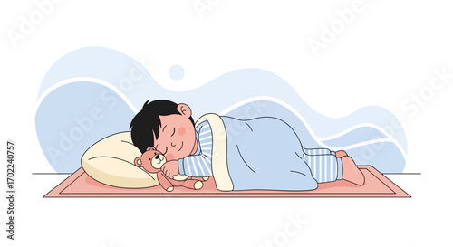 Child Sleeping Peacefully with Teddy Bear in a Cozy and Comforting Illustration