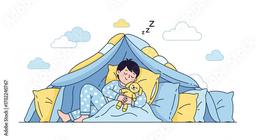 Child Snoozing In Canopy Bed Dreamily Embracing Stuffed Toy, Peaceful Slumber, Lovely Moment