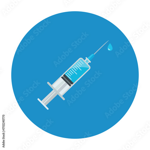 A medical syringe with blue liquid preparing a vaccine dose to fight viruses isolated on a blue