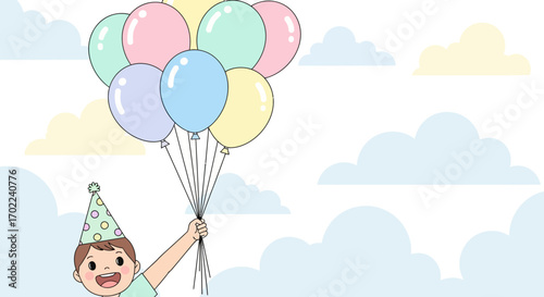 Celebratory Imagery: Child's Joyful Moment With Balloons, Sky, And A Festive Cone Hat