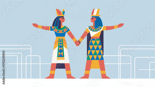 illustration of a noble couple standing side by side and holding hands in a typical Ancient Egyptian pose vector design template