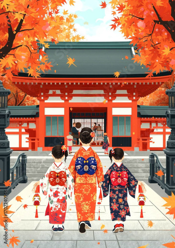 Beautiful Momiji postcard with vibrant red maple leaves and golden ginkgo, traditional Japanese autumn design