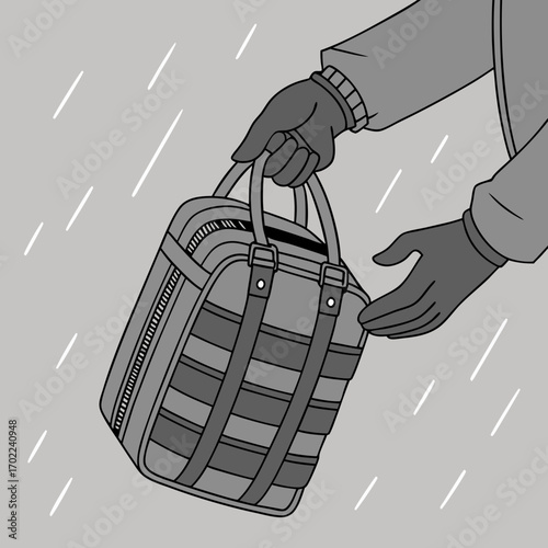 Grayscale Illustration of a Hand in Glove Stealing a Striped Bag in the Rain