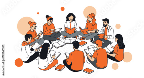 Circle Of Readers Learning Together In A Shared Space Focused On Knowledge