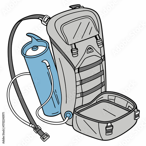 Gray Hydration Backpack with Blue Water Filter Illustration