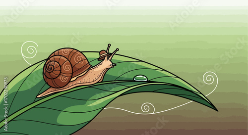 Charming cartoon of a snail wearing a hat on a vibrant green leaf, perfect design