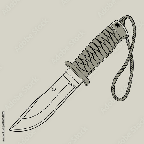 Grey Fixed Blade Knife with Rope Wrapped Handle Illustration