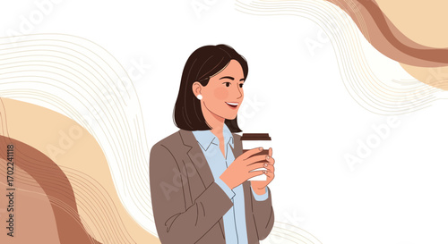 Coffee Break Illustration Featuring A Businesswoman, Enjoying Refreshment, Smiling Contentedly