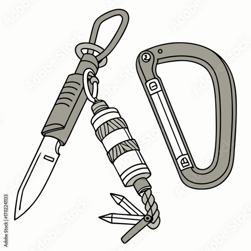 Grey Carabiner and Pocket Knife Illustration