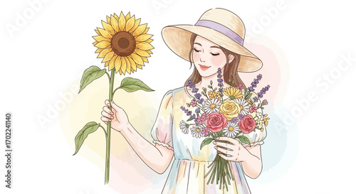Charming illustration of a woman holding a sunflower and a bouquet of flowers