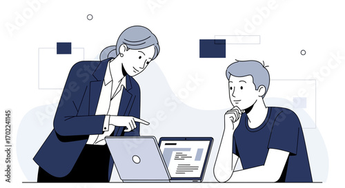Colleagues Analyzing Data on Laptop, Showing Collaboration and Strategy in Modern Office