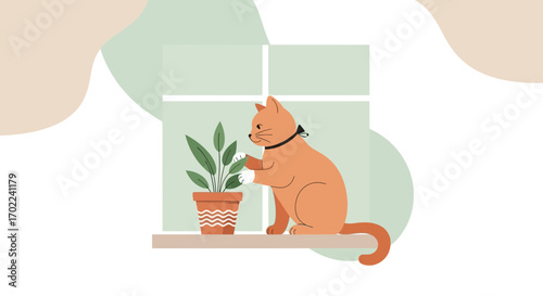 Charming Orange Cat Interacting With Potted Plant Near a Windowsill Illustration