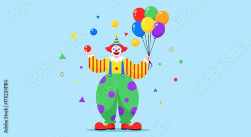 Colorful cartoon clown with balloons, juggling balls, and confetti on a blue background