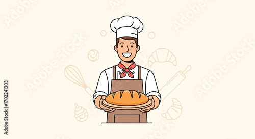 Cheerful Baker Presenting Freshly Baked Loaf of Bread in a Bakery Setting