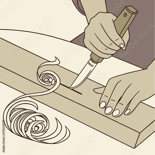 Hands Carving Wood with a Knife Creating Spiral Pattern