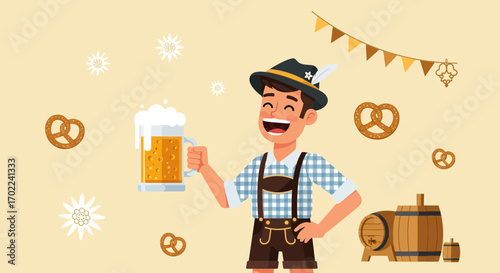 Cheerful Bavarian Man Raising a Beer Mug to Celebrate the Oktoberfest Festivities