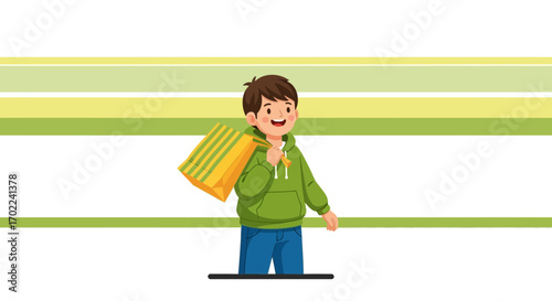 Cheerful Boy Carrying Shopping Bag Demonstrating Happiness And Consumerism Concept