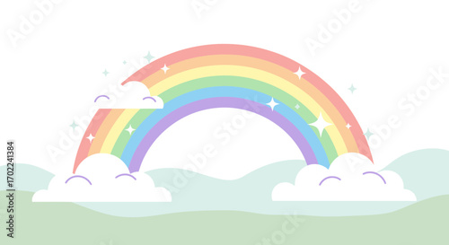 Colorful Rainbow Arching Over Gentle Hills and Fluffy Clouds with Sparkling Accents.