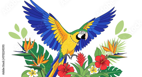Colorful Parrot with Flowers Vector Illustration Suitable for Various Designs and Print Needs