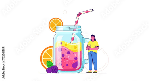 Colorful smoothie illustration with a person, oranges, and berries for healthy refreshment