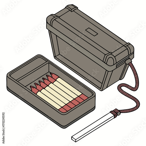 Isometric Illustration of a Grey Crayon Storage Case with Matches