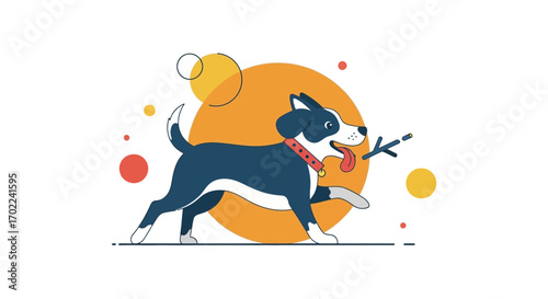 Cheerful Canine in Dynamic Playful Pose Chasing a Stick Against a Bright Sun Background
