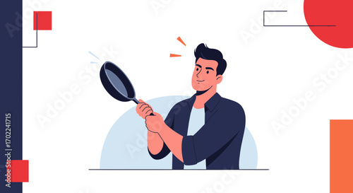 Cheerful Chef Holding a Frying Pan: Culinary Concept in a Minimalistic Illustration