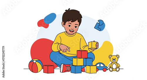 Cheerful Child Designing Tower With Blocks, Colorful Toys, and Playful, joyful Ambiance