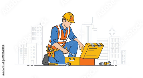 Construction worker with toolbox in city scene, maintenance and repair vector illustration